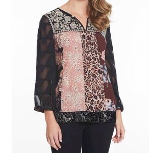 JOHN MARK jacquard multi print tunic velvet trim size medium embroidered